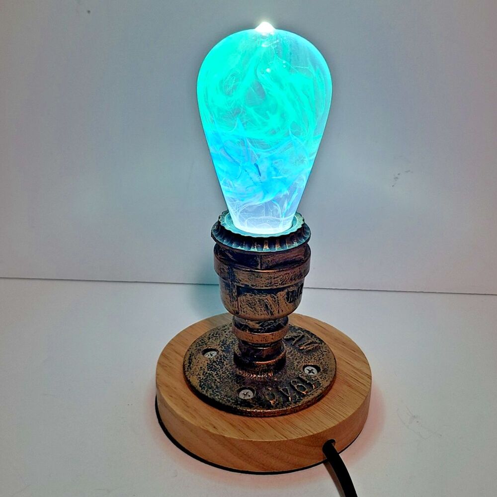 EP Light Vintage table Lamp 1949 Blue Green Swirl Clear Resin Bulb wood base 8"